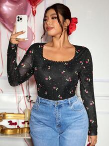 SHEIN Frenchy Plus Size Women Plunging Neck Lace Patchwork Cherry Print Semi-Sheer Bodysuit, Fashion Casual Valentine's Day Spring Summer