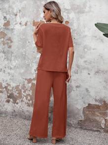 EMERY ROSE Women's Solid Color Short Sleeve & Pants Set, Casual Vacation Outfit - Rust Brown - View 2