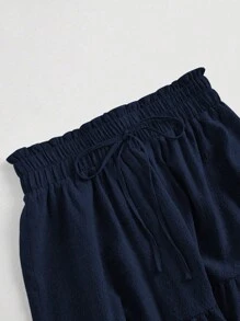 Mulvari Plus Size Solid Color Front Tie Pleated Waist Casual A-Line Skirt - Navy Blue - View 5