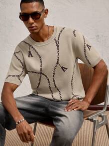 AKNOTIC Party Men's Casual Khaki Chain Letter Jacquard Knitted Oversized Crew Neck Sweater, Suitable For Daily Wear And Vacation, Spring/Summer - Khaki - View 2