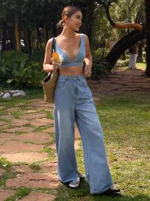 Livesso Washed Denim Camisole Top And Wide Leg Pants 2 Pieces Casual Vacation Outfit For Women, Spring Summer,Fall Clothes - Blue - View 3