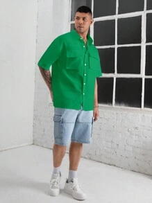 Manfinity Homme Oversized Men's Flap Pocket Drop Shoulder Shirt - Green - View 3