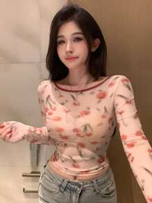 DAZY Encore Red Full Print Floral Pattern Backless Drawstring Tie Contrast Color Splicing Mesh Long Sleeve Blouse For Women,Halter Top