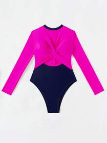 Swim SPRTY Dames strandoutfits blauw en roze patchwork uitgehold kruis voorkant rits lange mouwen casual surftop