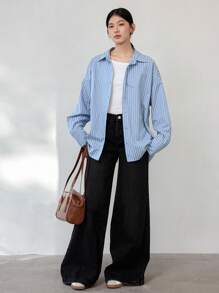 Dazy-Less Camisa de mujer de manga larga con diseño de negocios casual, cuello con cordón y espalda con bloques de color y rayas, ropa de mujer para otoño