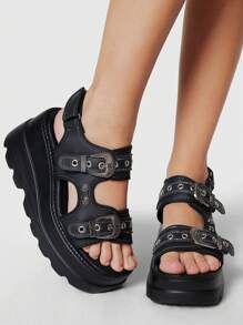 ROMWE Grunge Punk Women's Gothic Punk Style Platform Sandals, Black Summer Open Toe Rivet Roman Beach Wedge Heels, Halloween - Black - View 4