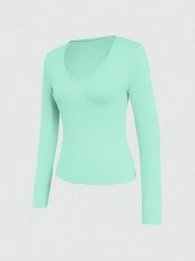 INAWLY Camiseta de manga larga de cuello en V de unicolor informal, otoño