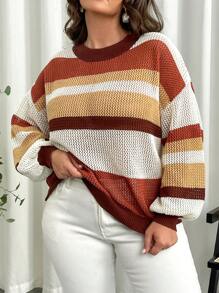 SHEIN Frenchy Plus Size Elegant Casual College Style Striped Contrast Color Round Neck Loose Basic Hollow Out Vacation Casual Pullover Sweater Fall/Winter - Multicolor - View 7