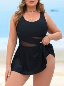 Swim Lushoire 大码女式 1 件装黑色休闲度假网眼镂空露背连体泳衣夏季 - 黑色 - 查看 1