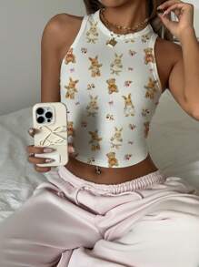 SHEIN EZwear 休闲简约、可爱、手绘、卡通、蝴蝶结、兔子、熊图案紧身圆领背心，适合夏季 - 白色 - 查看 4