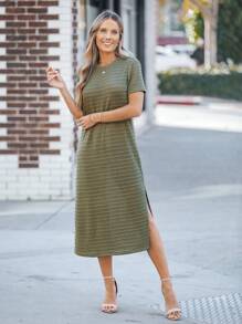 SHEIN LUNE Women's Army Green Short Sleeve Casual Dress, Minimalist And Stylish For Daily Wear - Army Green - View 3