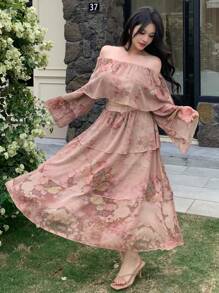 DAZY 2pcs Set Women Full Floral Off Shoulder Ruffle Shirt And Peplum Skirt,Fall Women Clothes
