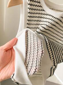 Baby Girl Infant Toddler 0-3Y Casual Versatile Daily Elastic Crochet Knit Black And White Striped Round Neck Bodycon Sleeveless Tee Shirt Top, Suitable For Home And Outdoor Wear, All Seasons - Black and White - View 7