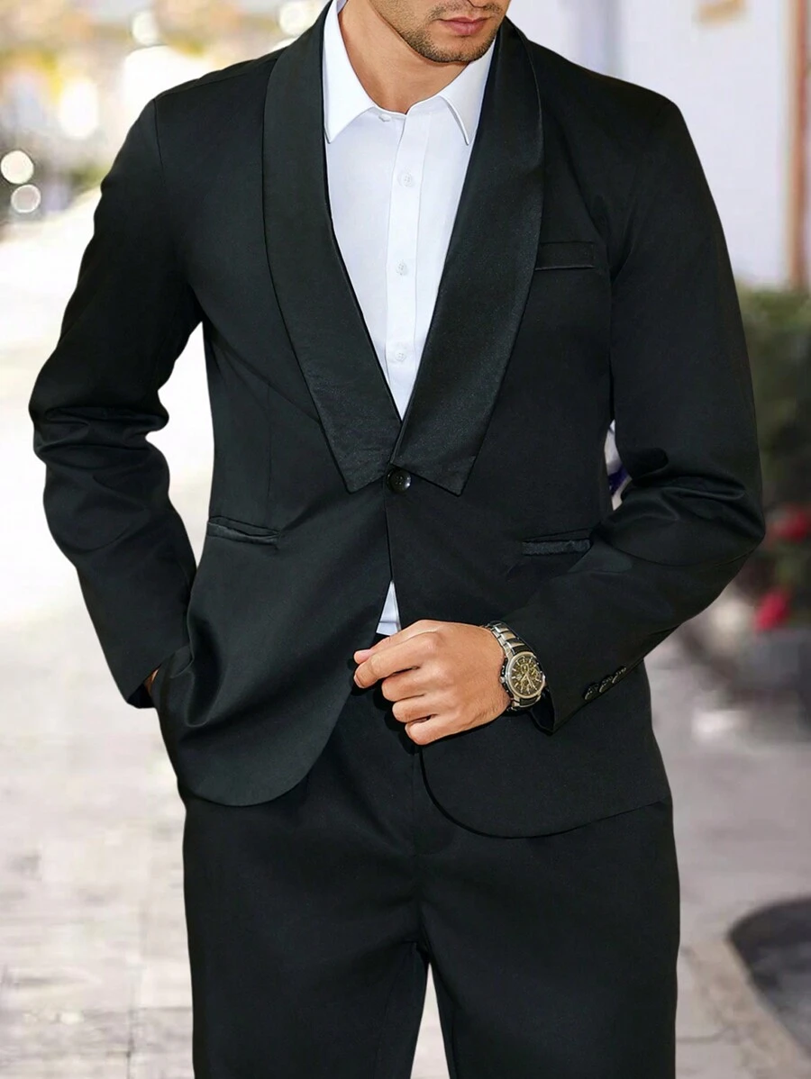 Calvornis Men's Solid Color Jacket And Pants Suit Set - Black - View 1