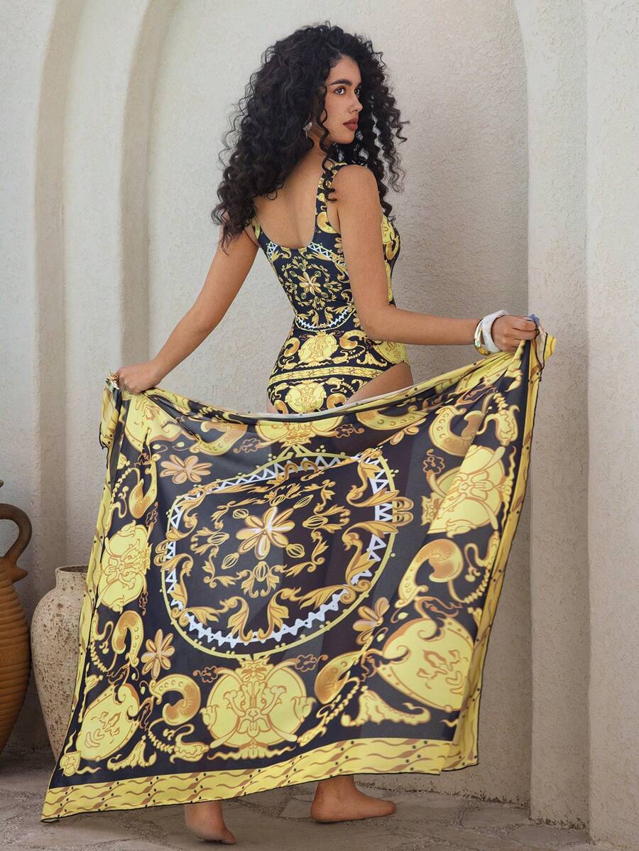 Swim Oasis Summer 2pcs/Set Women Placement Print Square Collar High Cut One-Piece Swimsuit & Skirt Resort - Multicolor - View 1