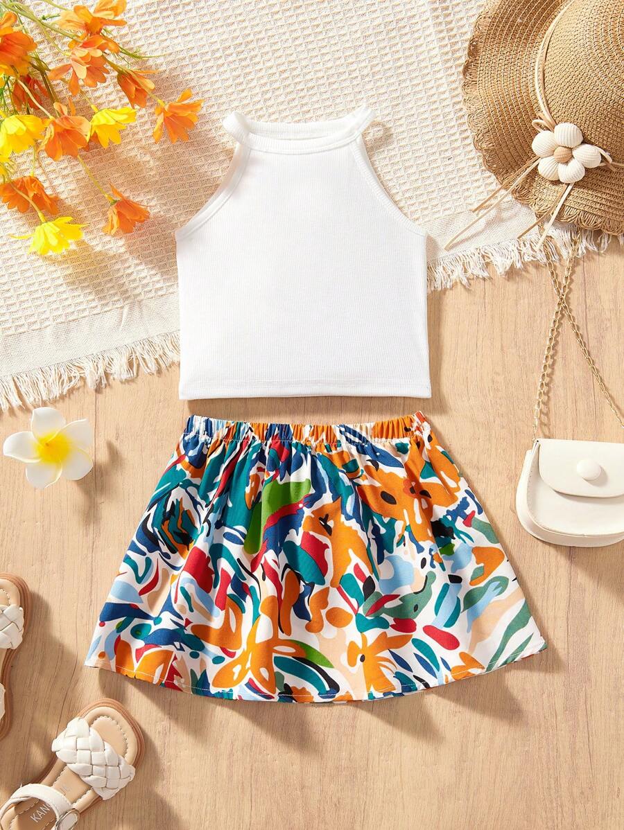 SHEIN Baby Girl Summer Cute Solid Color Knitted Camisole And Ditsy Floral Elastic Waist Mini Skirt 2pcs Set - White - View 1