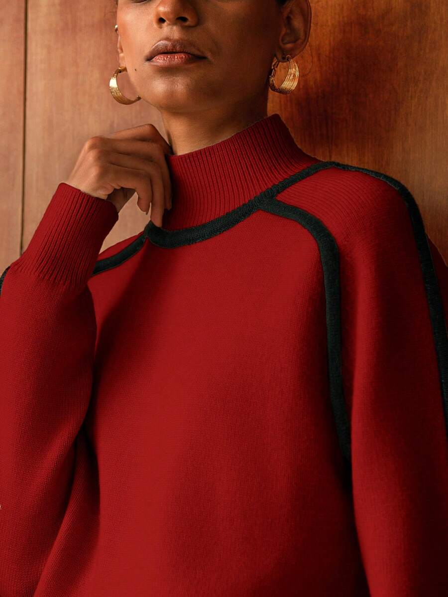 MOTF PREMIUM 对比色宽松毛衣 - 酒紅色 - 查看 2