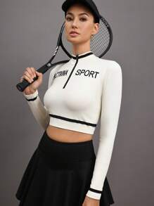 SHEIN Sports Contrast Color Trim Letter Embroidery Cropped Athletic T-Shirt - White - View 5