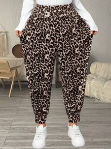 EMERY ROSE Plus Size Women's Leopard Print Ruched Ankle Casual Baggy Pants,Spring