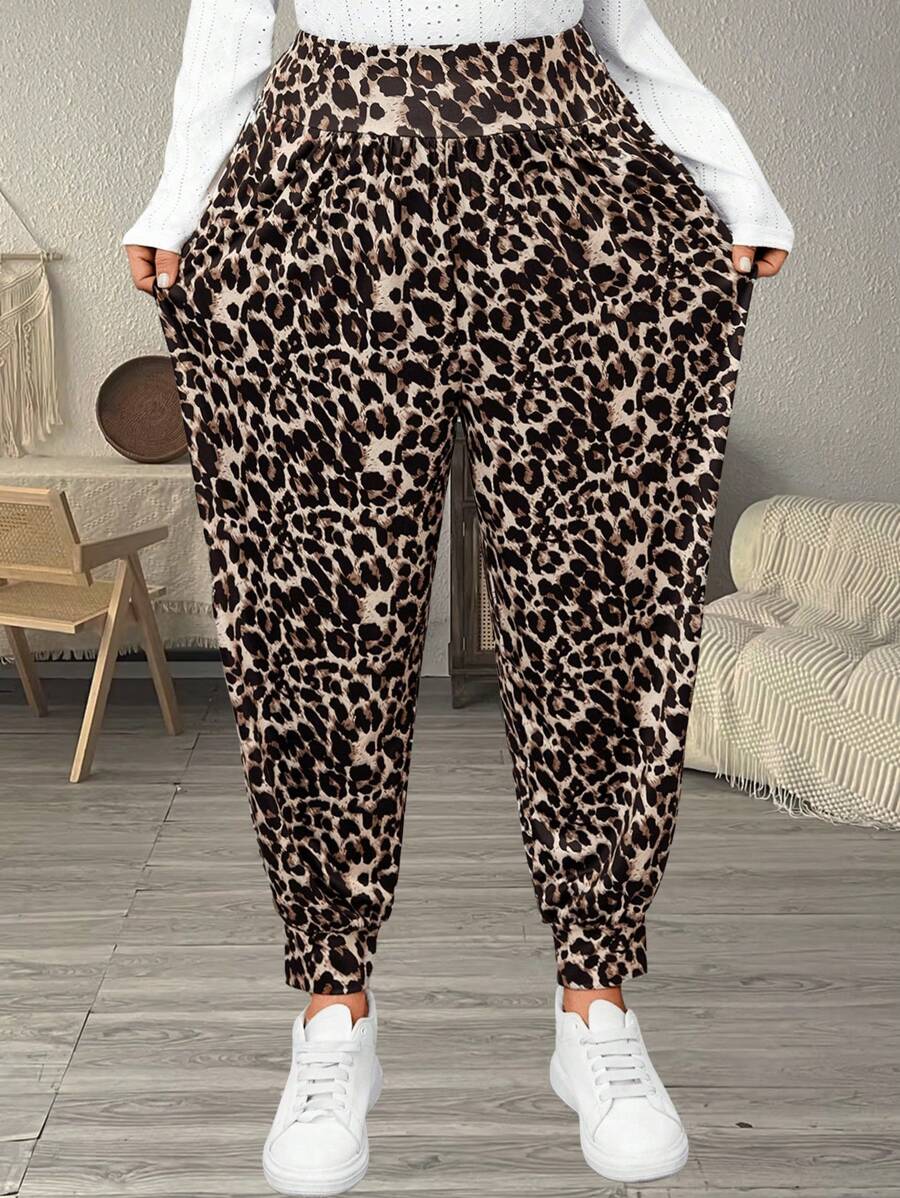 EMERY ROSE Plus Size Women's Leopard Print Ruched Ankle Casual Baggy Pants,Spring