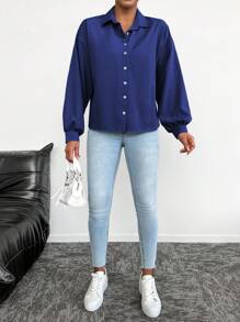 EURMUSE Cotton Solid Blue Drop Shoulder Oversized Shirt - Navy Blue - View 5