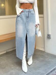 Cottnline 100% Cotton BUTTON DETAIL MIDI DENIM SKIRT LIGHT BLUE - Light Wash - View 1