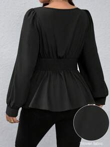 Rometta Blus Kasual Ukuran Besar dengan Bahu Asimetris, Lengan Raglan, Ikat Pinggang, dan Hem Bentuk Lentera untuk Wanita, Pakaian Musim Gugur - Hitam - View 2