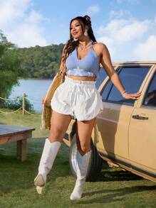 SHEIN EZwear Plus Size Summer Casual Paper Bag Waist Denim Shorts - White - View 5