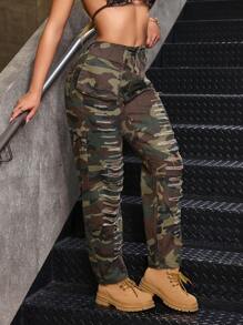 SHEIN SXY Women's Casual Camouflage Print Ripped Cargo Denim Jeans - Multicolor - View 5