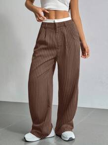 SHEIN EZwear Pantalones de traje de pierna ancha con cintura a rayas casual