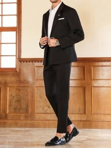 Manfinity Bizformal Conjunto de traje casual de negocios de hombre versátil para ir y venir con hebilla detallada en la parte delantera. Conjunto de traje negro elegante y de alta relación calidad-precio. Conjunto de dos piezas para hombre, ropa de otoño e invierno para hombres