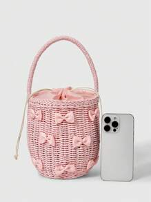 ROMWE Kawaii Women's Woven Bow Decor Large Capacity Tote Pink Bag, Fashionable For Daily Travel