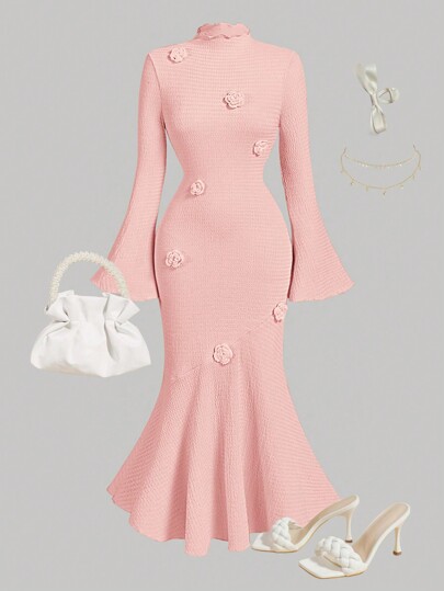 SHEIN Teen Girls' Elegant 3D Floral Print Long Sleeve Flare Sleeve Maxi Dress, Suitable For Spring, Party, New Year, Valentine's Day, Clean Girl, Cute, Vacation/Holiday, Vintage/Elegant