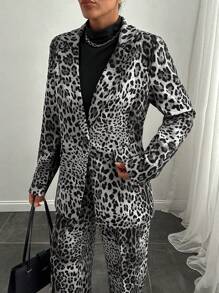 EURMUSE Leopard Print Suit Blazer And Pant Set Effortless Chic - Grey - View 3