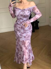 DAZY 网眼连衣裙全身花朵露肩扭纹女式中长连衣裙花卉、婚礼连衣裙、秋季连衣裙长袖连衣裙 - 紫色 - 查看 1