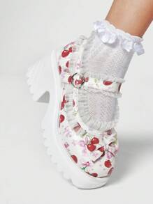 ROMWE Kawaii 女士白色玛丽珍鞋，蕾丝边娃娃鞋，绑带和蝴蝶结装饰，甜美高跟鞋，厚底正装鞋 - 白色 - 查看 9