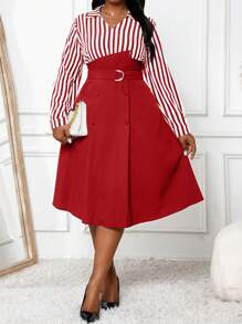 SHEIN Lady Autumn And Winter Casual Black Woven Flared Belted Shirt Dress Midi Long Sleeve Plus Size Dresses Business Casual Women Halloween Dress Valentine's Day Valentines Clothes Valentine's Day Dress Valentines Dress Festival Outfits For Women Valentine's Day Outfit Women