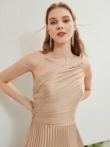 MOTF PREMIUM 褶饰单肩连衣裙 - 卡其色 - 查看 7