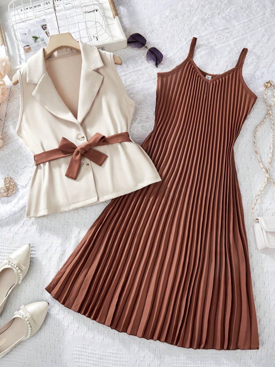 Tween Girl Solid Color Vest & Pleated Strap Dress 2 Pieces Set - Mocha Brown - View 1