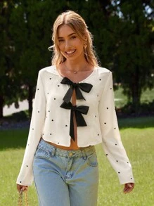 KARISMINA Camisa con nudo delantero y estampado de corazón para mujer, ideal para el Día de San Valentín