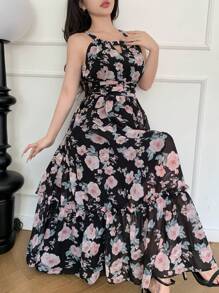 DAZY Đầm voan in họa tiết hoa lá nhỏ xinh, đầm hè kiểu yếm cổ yếm dành cho khu nghỉ dưỡng bãi biển, đầm nữ thường ngày, đầm lễ Phục sinh. - màu đen - Xem 7