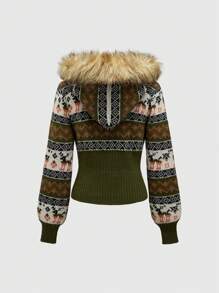 ROMWE Fairycore Vintage Nature-Inspired Striped Fuzzy Collar Hooded Cardigan - Army Green - View 2
