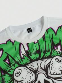 Manfinity EMRG Men's Young Street Style INS Products Oversized Graphic Print Hip-Hop Street Funny Fun Fright Comic Face Letter Pattern Loose White Short Sleeve T-Shirt. Oversized Graphic T-Shir Rapper Tshirt