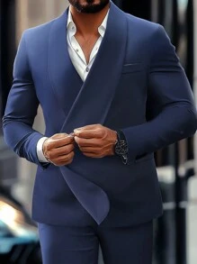 Manfinity Mode 男士纯色长袖休闲西装外套，简约时尚，适合日常穿着 - 藏蓝色 - 查看 1