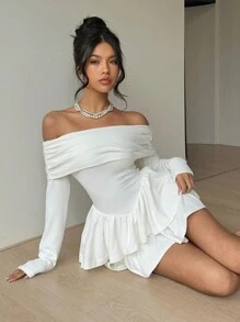 Aloruh Bộ đồ liền thân màu trơn hở vai dành cho nữ, giản dị và thời trang để mặc hàng ngày - trắng - Xem 5