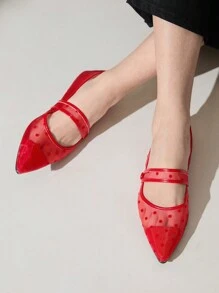 CUCCOO CHICEST Red Polka Dot Mesh Ladies Pointed Toe Flat Shoes Valentine's Day - Red - View 4