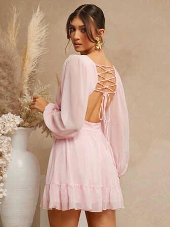 L'Amorae Women Clothes, Women's Pink Sheer Long Sleeves Tiered Mini Dress With Ruffles And Back Tie Detail, Women Dresses, Party Women Dresses, Summer Women Outfit, Elegant Women Dresses, Prom Dress, Wedding Dress, Pink Dress, Valentine's Day Dress, Summer Dress, Pink Women Dresses, Formal Women Dresses. For Date Night, Concerts, Performances, Wedding, Parties, Clubs, Evening