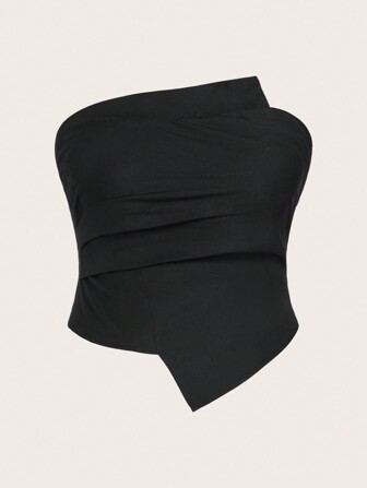SHEIN Privé Plus Size Women Elegant Solid Color Ruched Asymmetrical Hem Strapless Tube Tank Top, Suitable For Office, Formal Events, Dates, Music Concerts, Parties, Vintage Preppy INS-Fashion Style