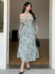 DAZY 两件套女士全印花褶皱系领衬衫和A字裙，秋季女装复活节 - 杏色 - 查看 5