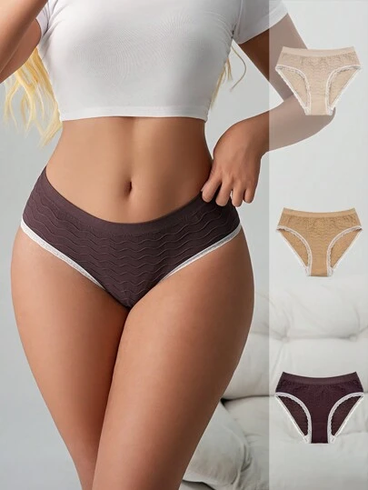 3pcs/Pack Teenagers' Seamless Solid Color Patchwork Slim Fit Briefs